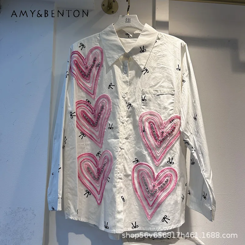 

European Style Heavy Craft Design Sense Diamond Embroidery Heart Print Bow Loose Long Sleeves Blouse Fashion Shirt Top For Women