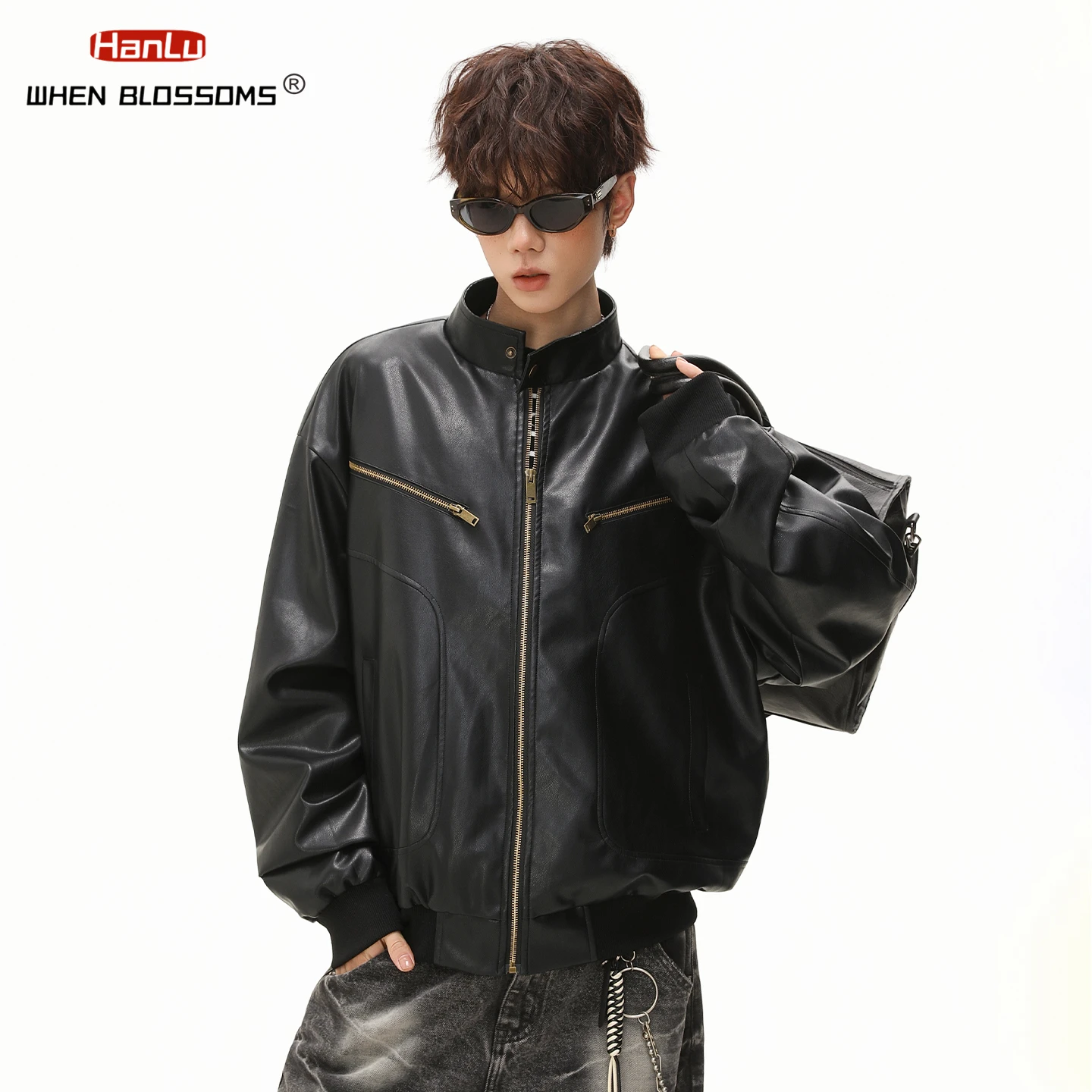 Men‘s PU Leather Jacket Vintage Streetwear Windproof Stand Collar Motorcycle Biker Coat Loose Oversized Hip Hop Outerwear
