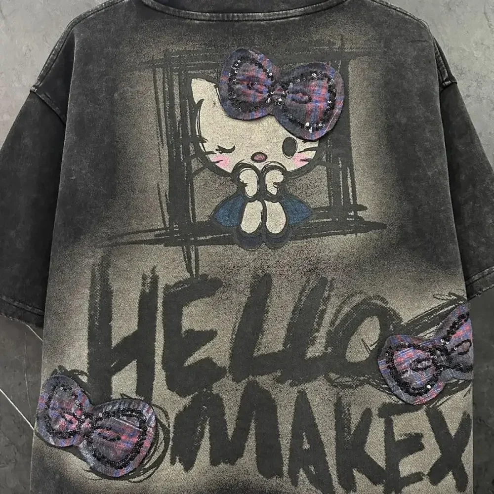 Y2K 헬로키티 여름 여성 반팔 티셔츠 애니메이션 산리오 만화 귀여운 스윗 코튼 여성 카와이 캐주얼 루즈 트렌드 탑