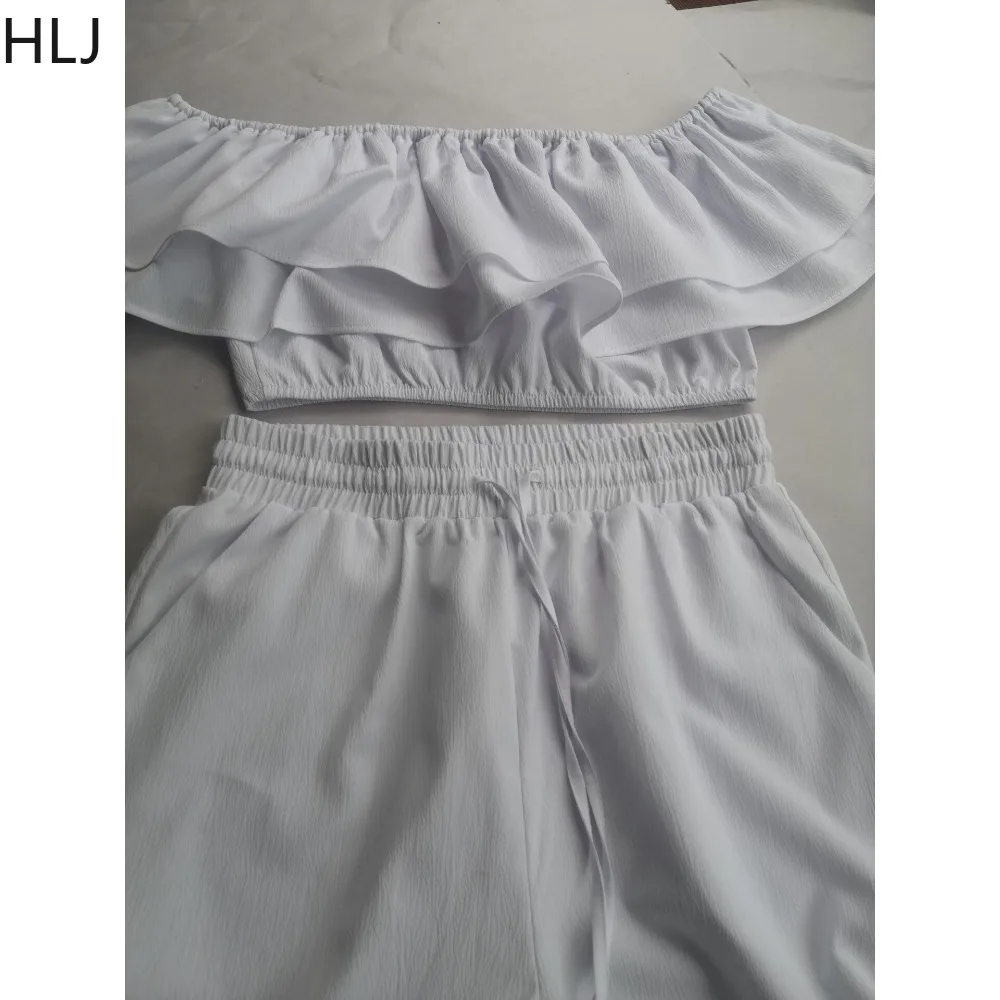 HLJ Elegant Lady Ruffle Design Wide Leg Pants Two Piece Sets Women Off Shoulder Crop Top And Pants Outfits Fashion OL Clothing