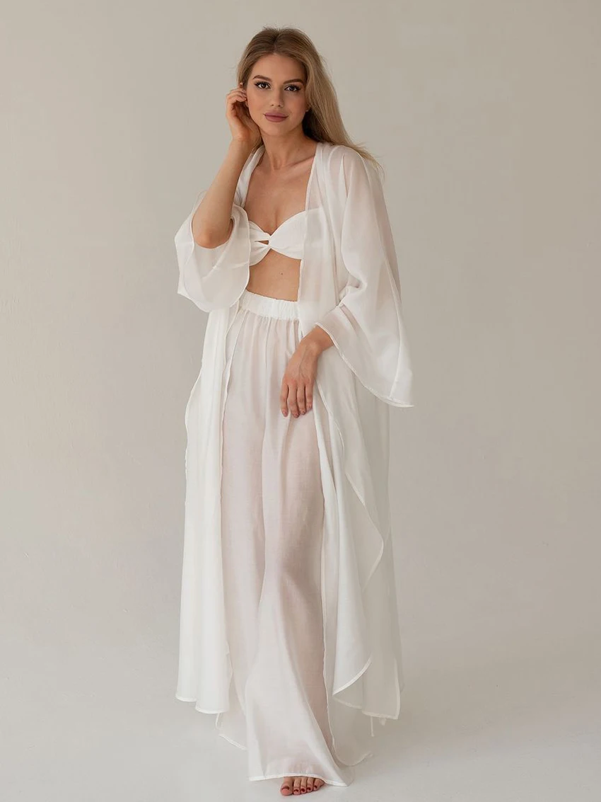 

Marthaqiqi Autumn Women Pajama Set Long Sleeve Robe V-Neck Nightie Tank Top Nightwear Pants Casual Ladies Nightgown 3 Piece Suit