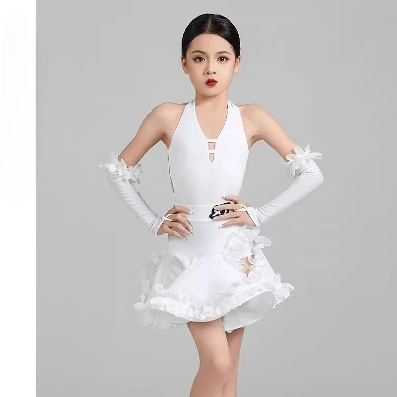Traje de baile latino para niñas, traje de actuación de baile de práctica latina de alta gama de malla para niños, vestido de baile latino