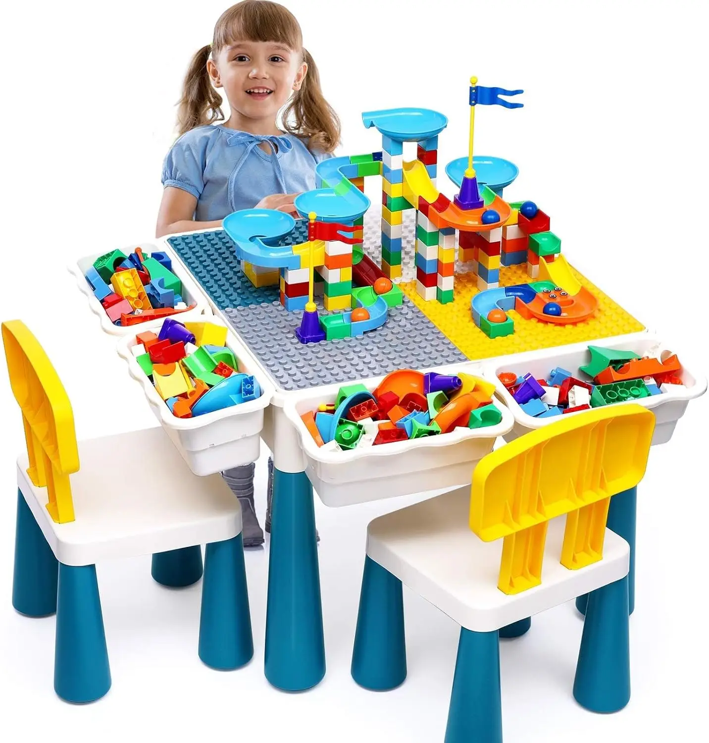 

Kids Activity Table Toddlers Kids Table and Chair Set with 152Pcs Large Marble Run Building Blocks All in One Kids Play Table Wa