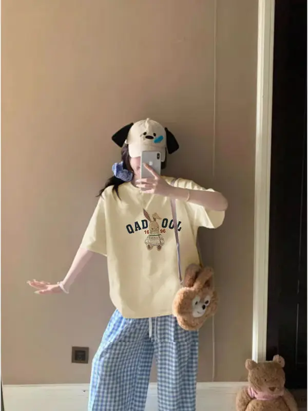 

Ladies' Yellow ort Sve T-irt oulder Width Regular Loose Fit Summer 2025 New Sle Dopane OOTD Top Korean Sle Co...