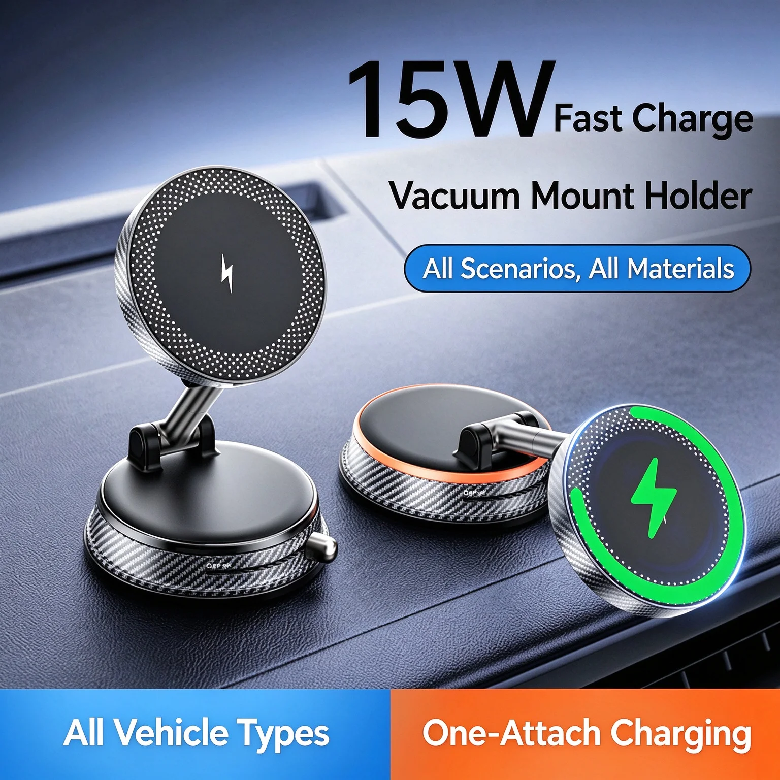 15W Wireless Charging Car Phone Holder 360° Rotatable Adjustable Vacuum Magnetic Mount Stand for iPhone Xiaomi Huawei Realme Sam