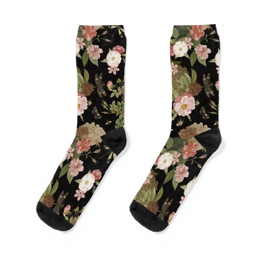 

UtART - Vintage Roses Spring Flower And Early Insects Pattern - Sepia Black Botanical Night Garden Socks