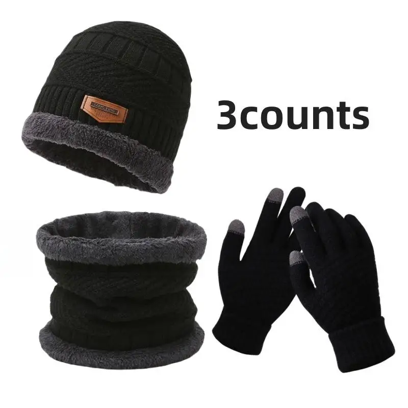 3-piece sleeve knitted hat&neck warmer and glove set, letter patch warm hat and wool collar warm scarf, and winter men's and wom
