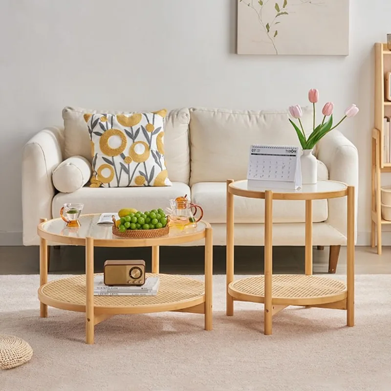 Rattan Coffee Table, Large Round End Table,  Modern Side Table, Living Room Side Table, Glass Sofa End Table