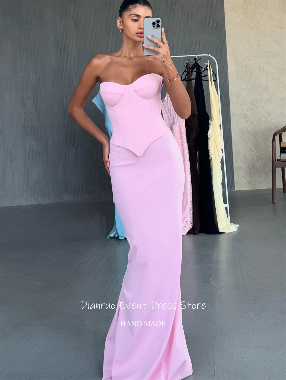 Dianruo 인어 연인 이브닝 드레스 핑크 심플 로브 드 Soirée Femme 민소매 바닥 길이 Vestidos De Gala Customized