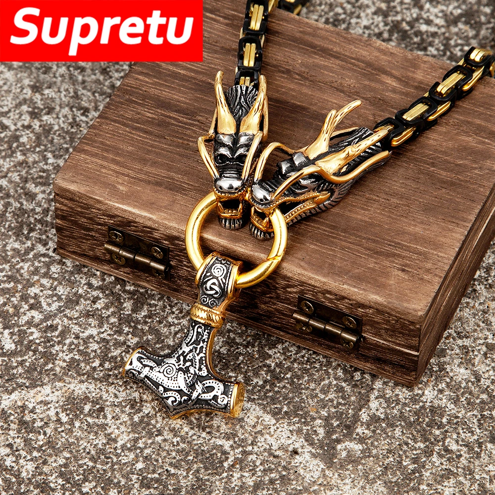 

Black Mix Gold Color Vintage Thor's Hammer Necklace Norse Runes Dragon Stainless Steel Pendant Men Vikings Hip Hop Jewelry Gifts