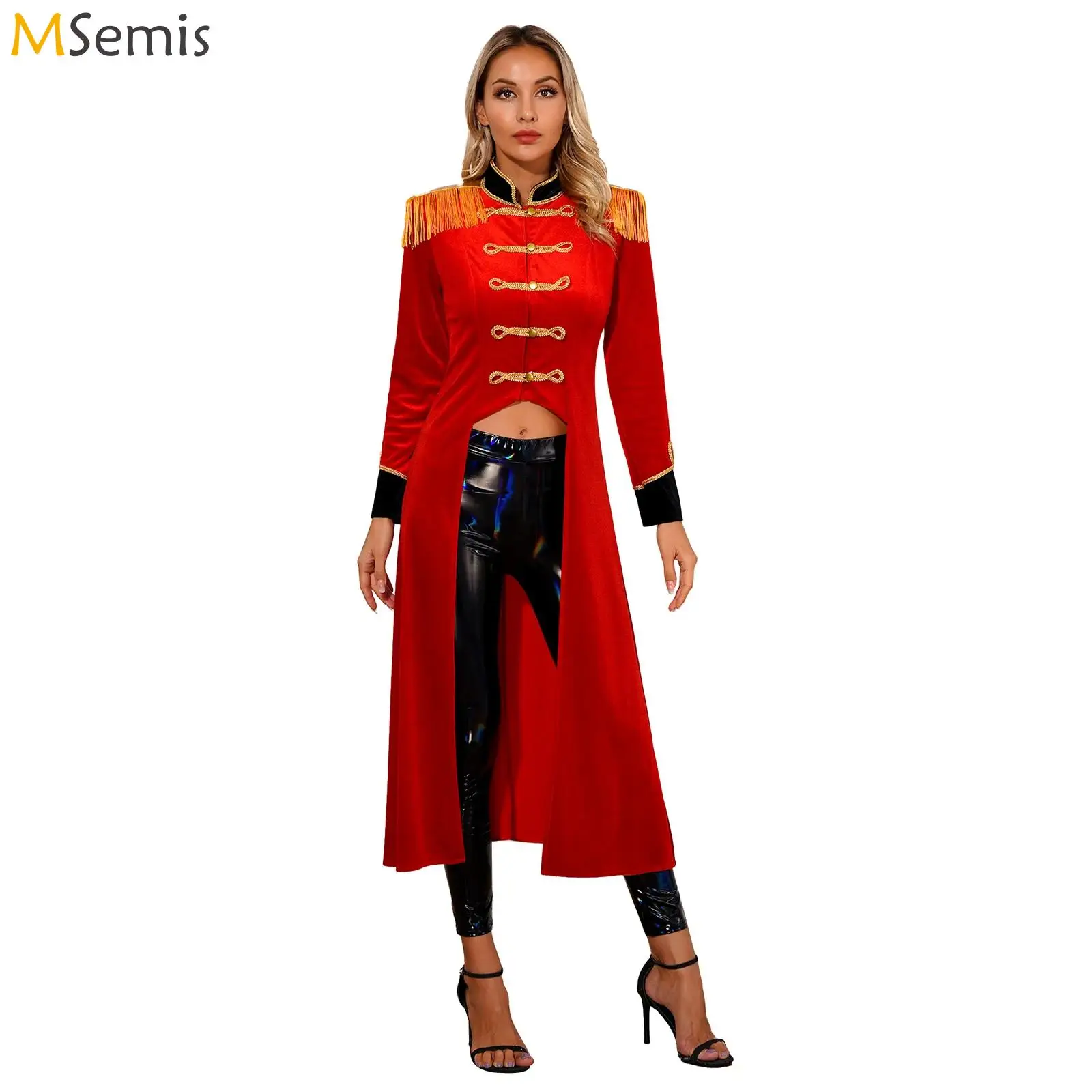 Disfraz de Circus Ringmaster para mujer, chaqueta de terciopelo de manga larga con flecos, traje gótico renacentista para actuación de Cosplay