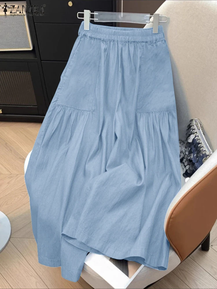 

ZANZEA Women Denim Wide Leg Pants Casual Loose Elastic Waist Bottoms Pockets Pleated Summer Trouser 2025 Fashion Solid Pants