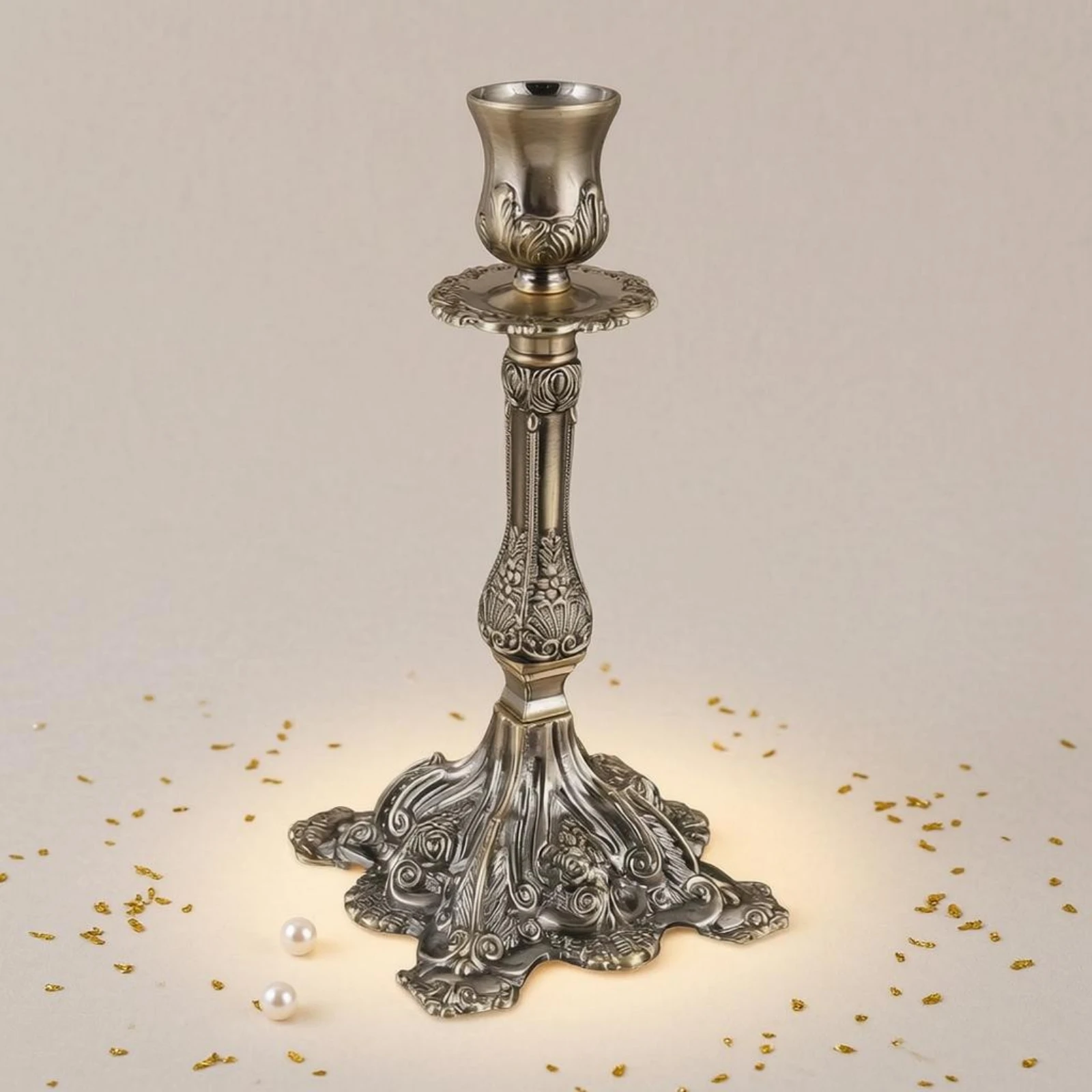 Ornate Metal Candlestick Holder Stable Vintage Metal Candle Holder Four-Footed Candle Stand Melted Drippings Catch Spill Tray