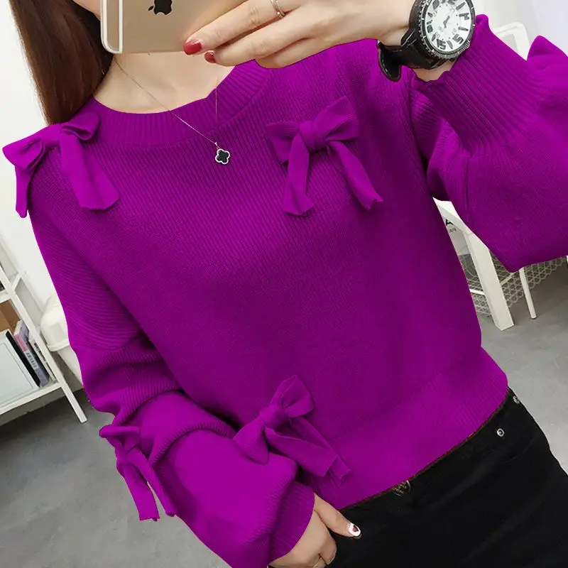 

Autumn Winter Fashion Round Neck Long Sleeve Solid Pullovers Women's Clothing Bow Patchwork Loose All-match Knitting Chic Tops