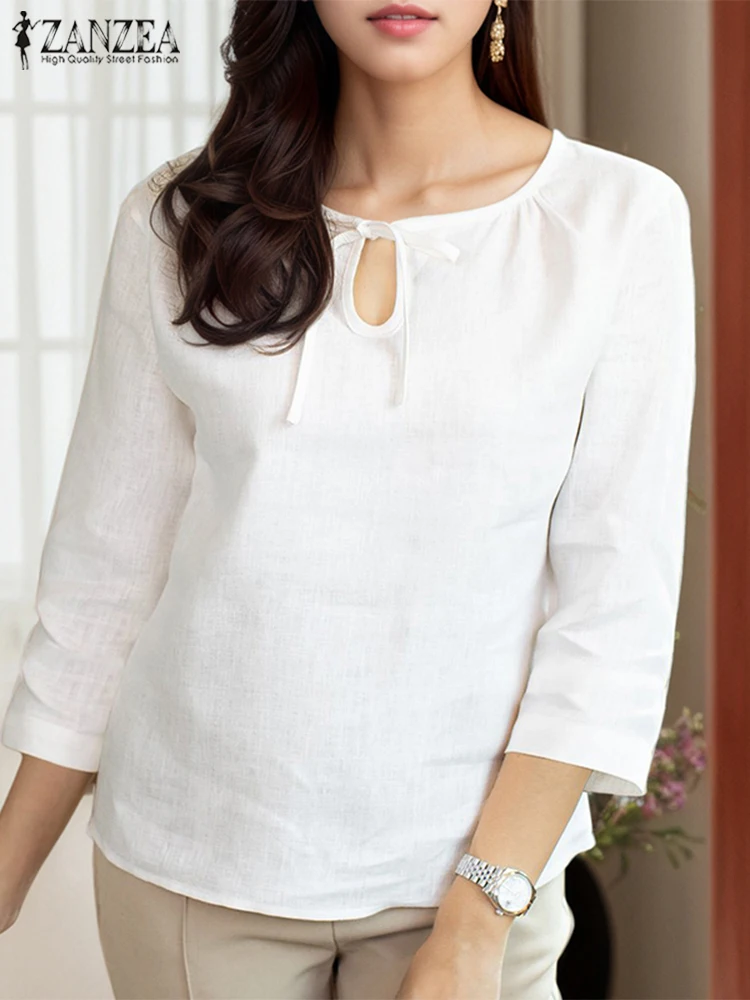

2025 Summer Blouse ZANZEA Women Solid Color Tunic Tops Fashion Casual 3/4 Sleeve Loose Lace-up Elegant Shirts Vintage Blusas