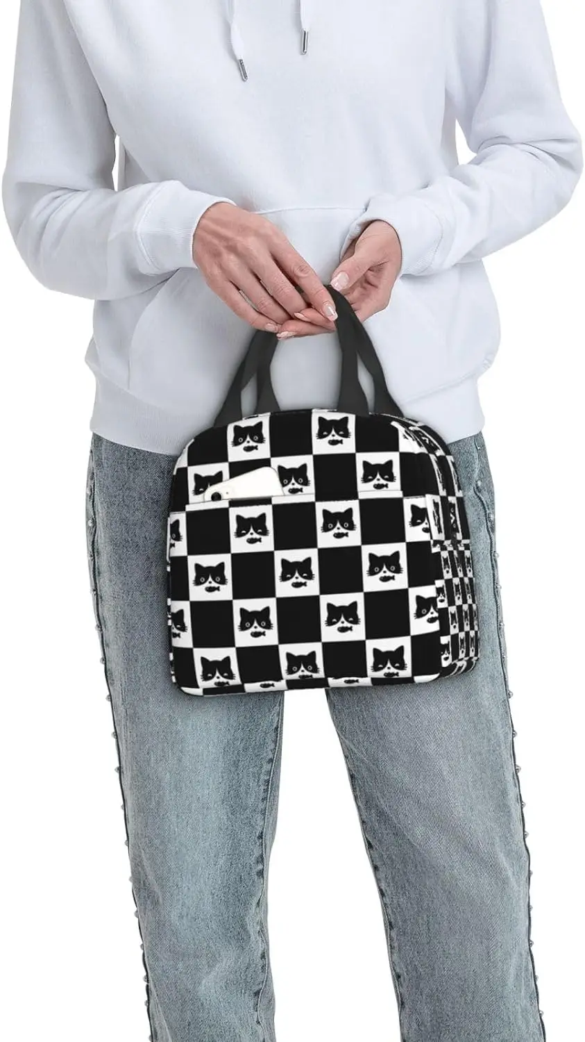 Cat Black And White Plaid Background Lunch Bag Compact Tote Bag Cat Kitten Checkered Reusable Lunch Box Container For Women Men