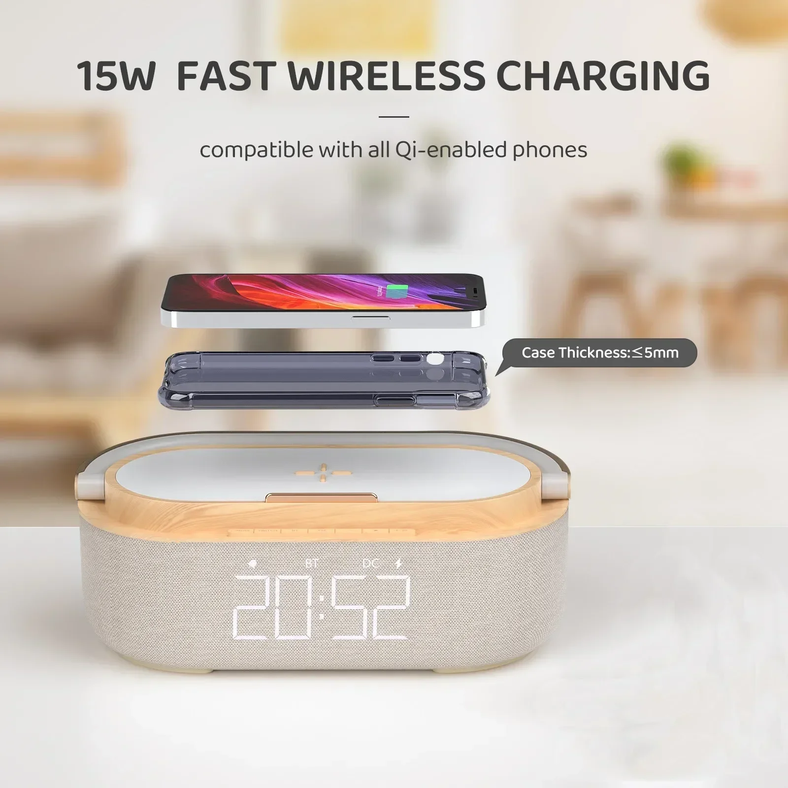 Bluetooth speaker 2500Mah Battery Support 15W wireless charging digital clock display night-light alarm clock, Bluetooth stereo