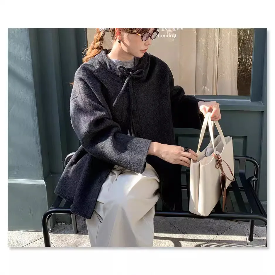 UMI MAO abrigo de lana chaqueta de otoño para mujer nuevo abrigo de lana de doble cara Bowknot estilo universitario coreano abrigo de lana con capucha de tamaño pequeño