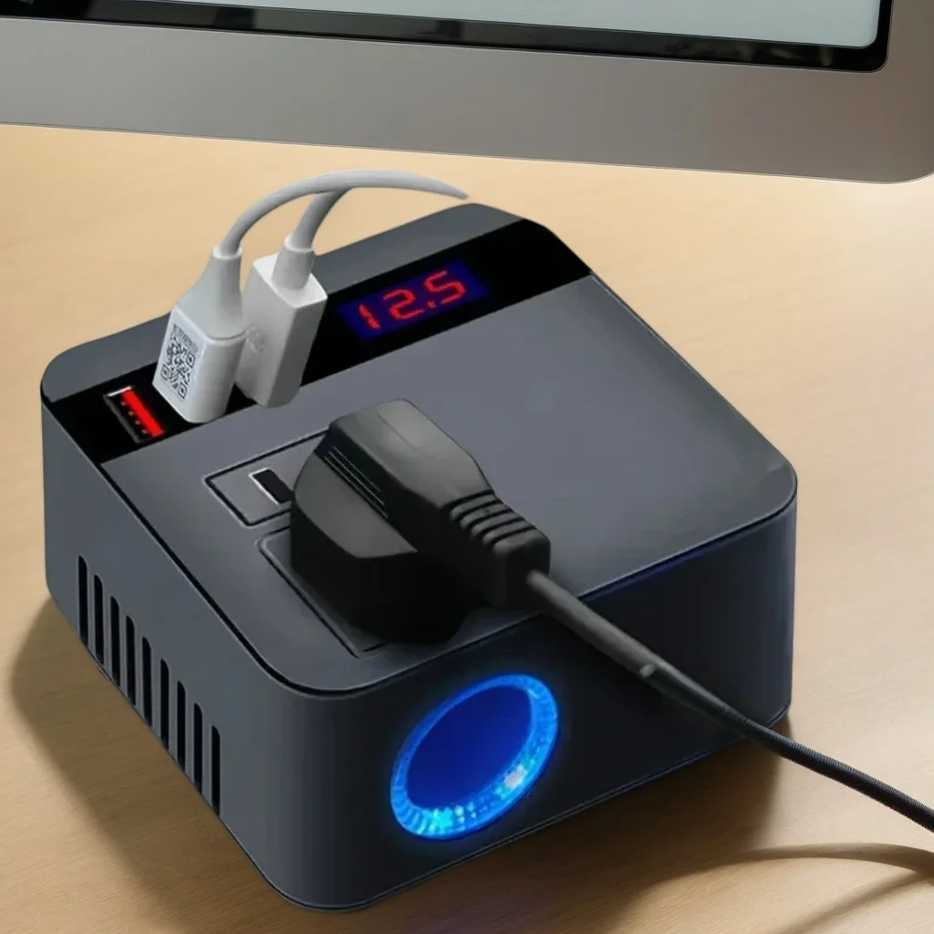 عاكس طاقة عالي الإخراج على اللوحة مع شاشة LED ذكية، شحن سريع USB ثلاثي المنافذ وحماية من الجهد الزائد #1