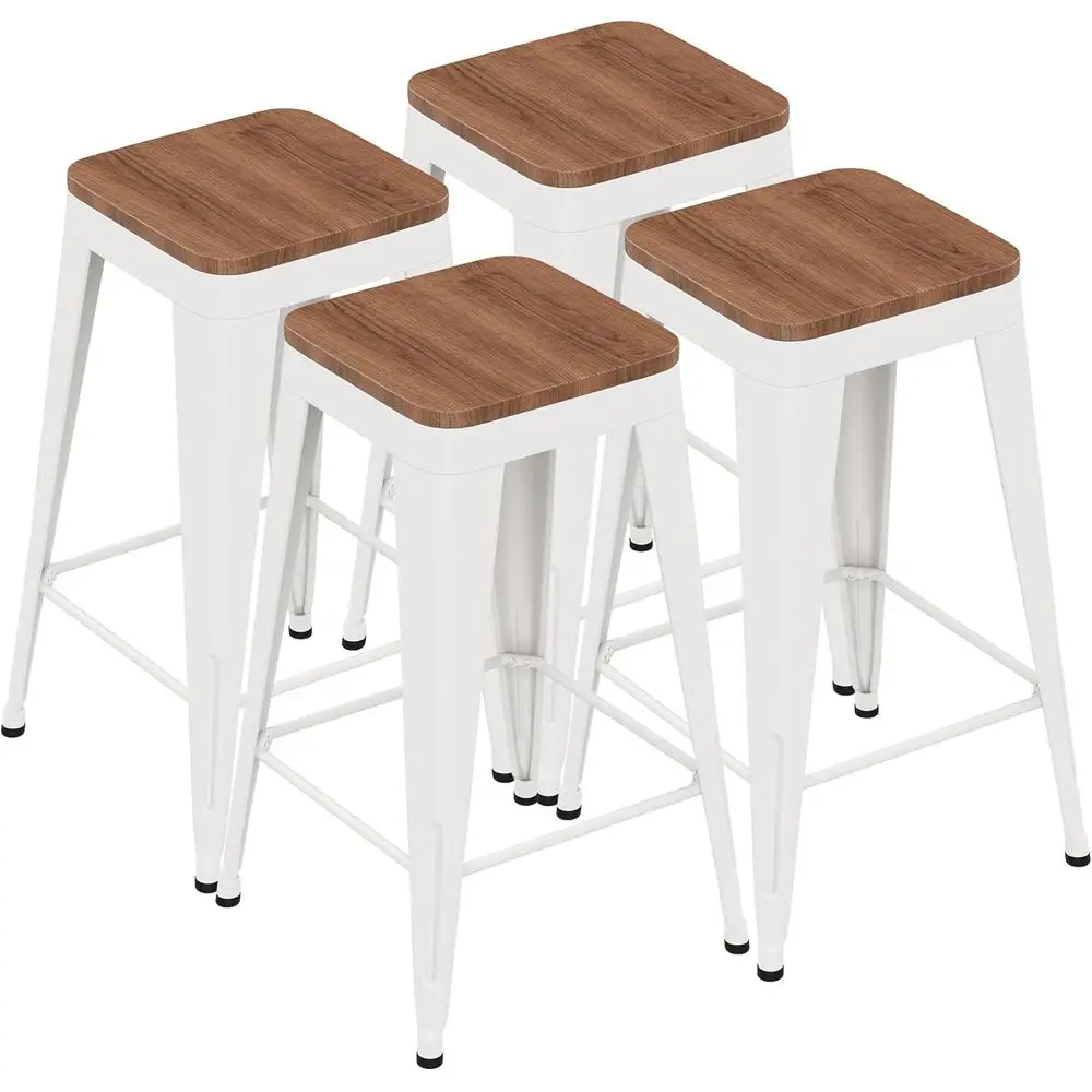 

Set of 4 White Metal Bar Stools with Wood Top, Industrial Style, Counter Height for Kitchen Island or Restaurant Use