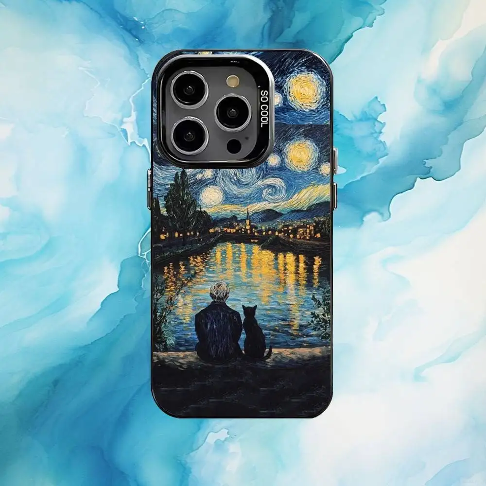 حافظة هاتف Van Gogh The Starry Night لهاتف iPhone17,16,15,14,13,12,11 Plus، Pro Max غطاء مقاوم للصدمات من الحلوى السوداء غير اللامعة