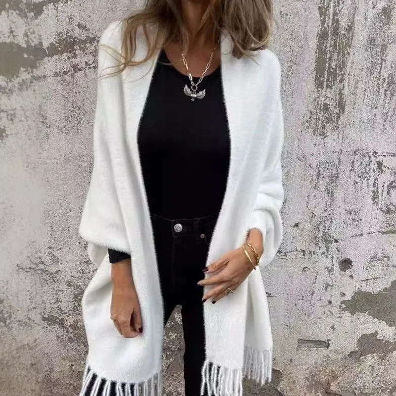 Women Loose Knit Plush Tassel Cape Shawl Imitation Mink Fleece Sweater Cardigan Knitted Fringed Shoulder Coat Autumn Winter New
