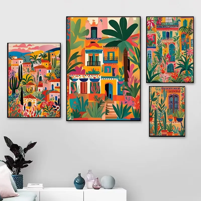 Vibrant Mexican Building Poster Colorful Floral Botanical Street Landscape Canvas Prints Painting Wall Art for Home Room Decor