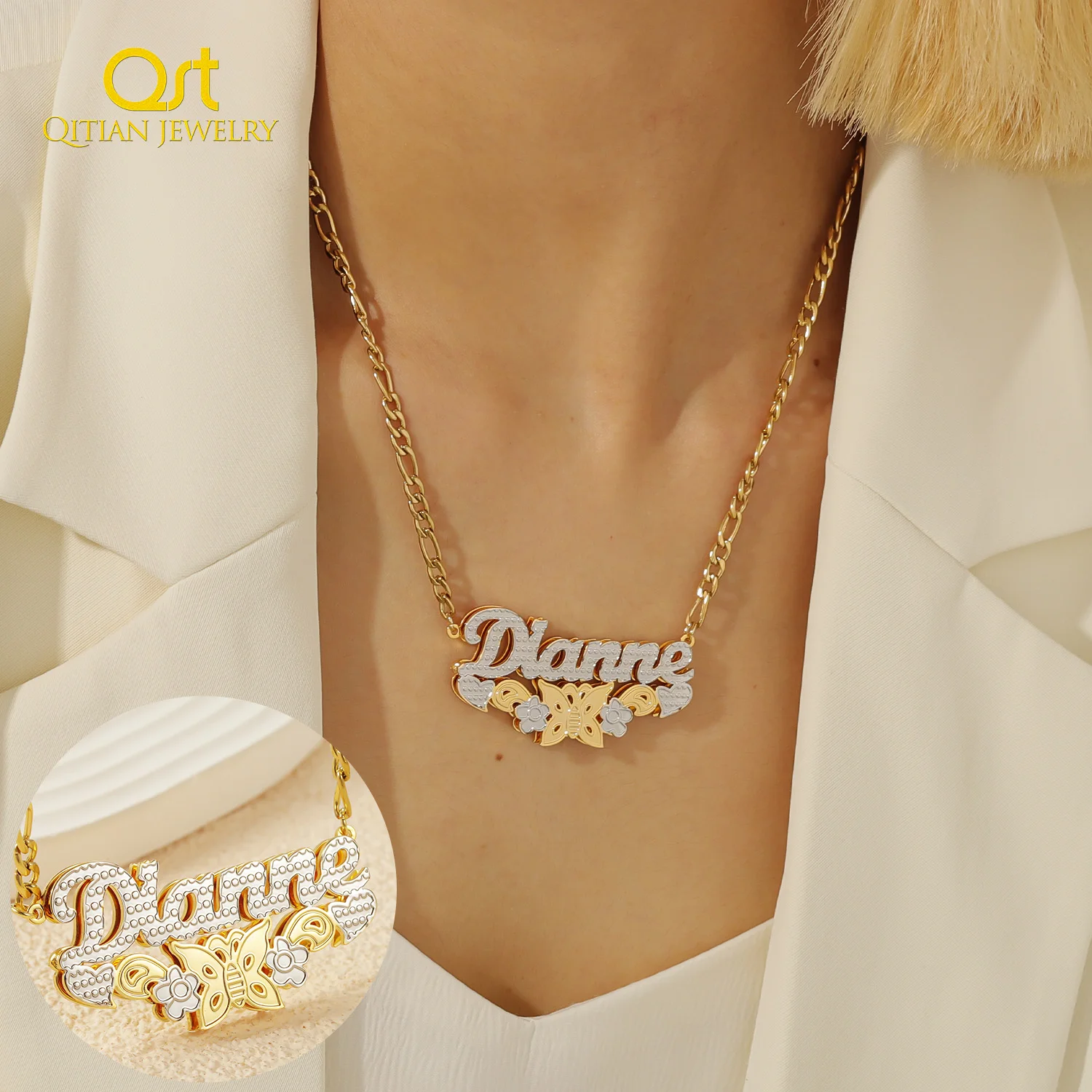 

Qitian Personalized Name Necklace Customized Stainless Steel Gold Plated Two Color With Butterfly Necklaces Gift For Women