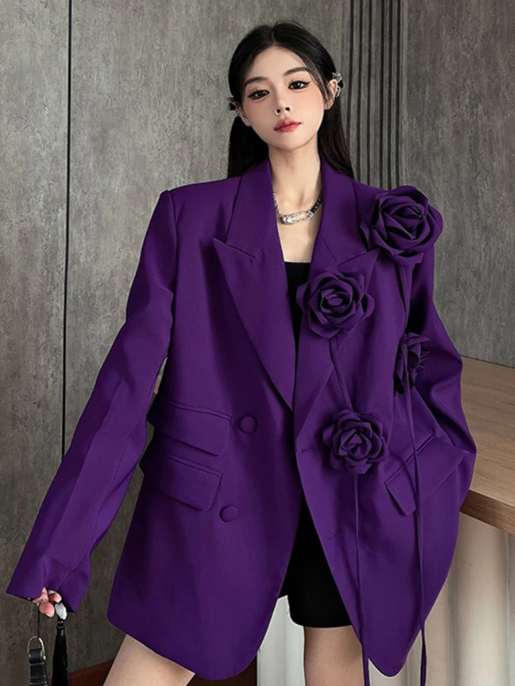 YERMORA Purple Flower Temperament Blazer For Women Lapel Long Sleeve Fashion Tide Big Size Jacket Spring Autumn 2024 New