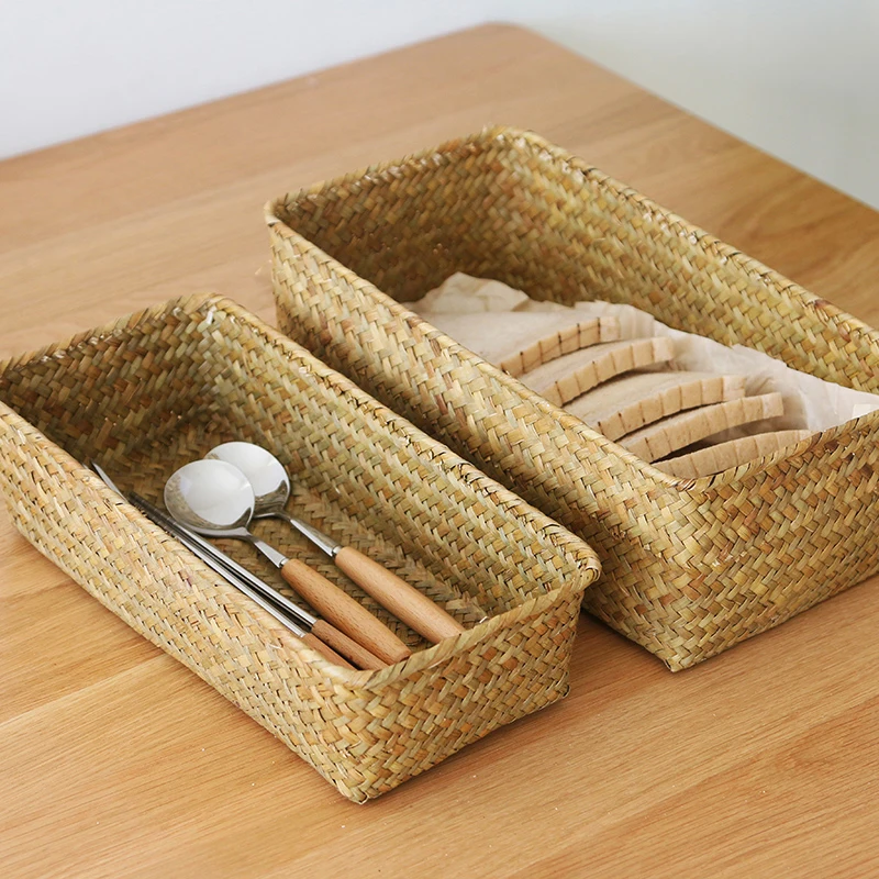 Rectangle Woven Storage Basket Seaweed Desktop Storage Box Sundries Gadgets Organizer Cosmetic Container Sundries Organizer 바구니