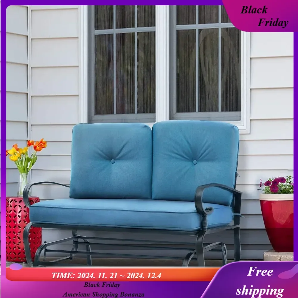 Outdoor Rocking Chair with Cushion Glider Bench for 2 Person, Seating Loveseat Steel Frame for Porch, Patio