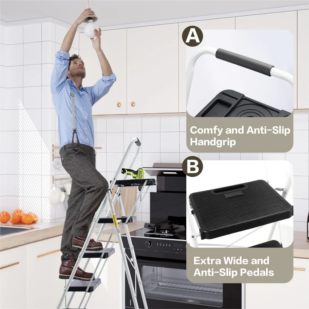 4-traps ladder met gereedschapsplatform, breed antislipplatform en dikke rubberen voetjes - Lichtgewicht, robuust, opvouwbaar en draagbaar