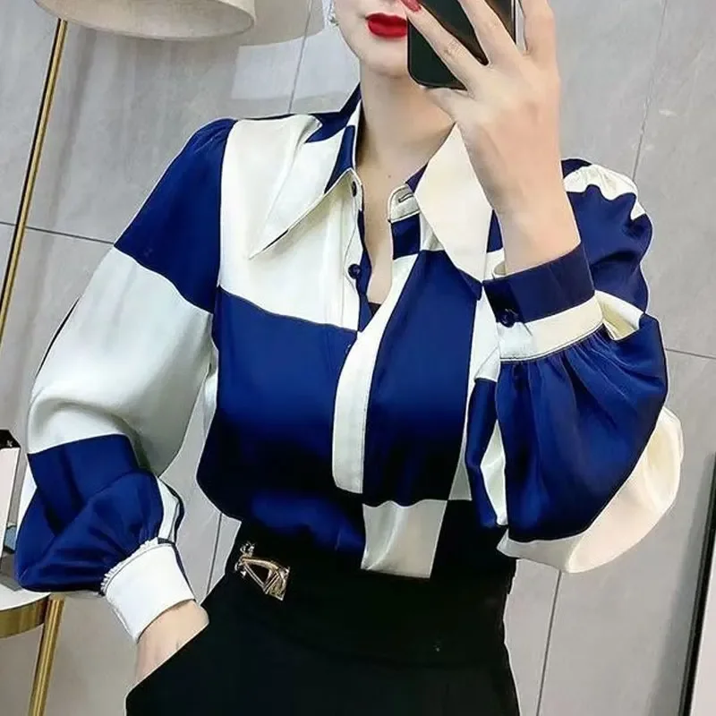 

Women's Clothing Plaid Spliced Blouse Commute Single-breasted 2024 Spring Autumn Turn-down Collar Korean Long Sleeve Loose Shirt