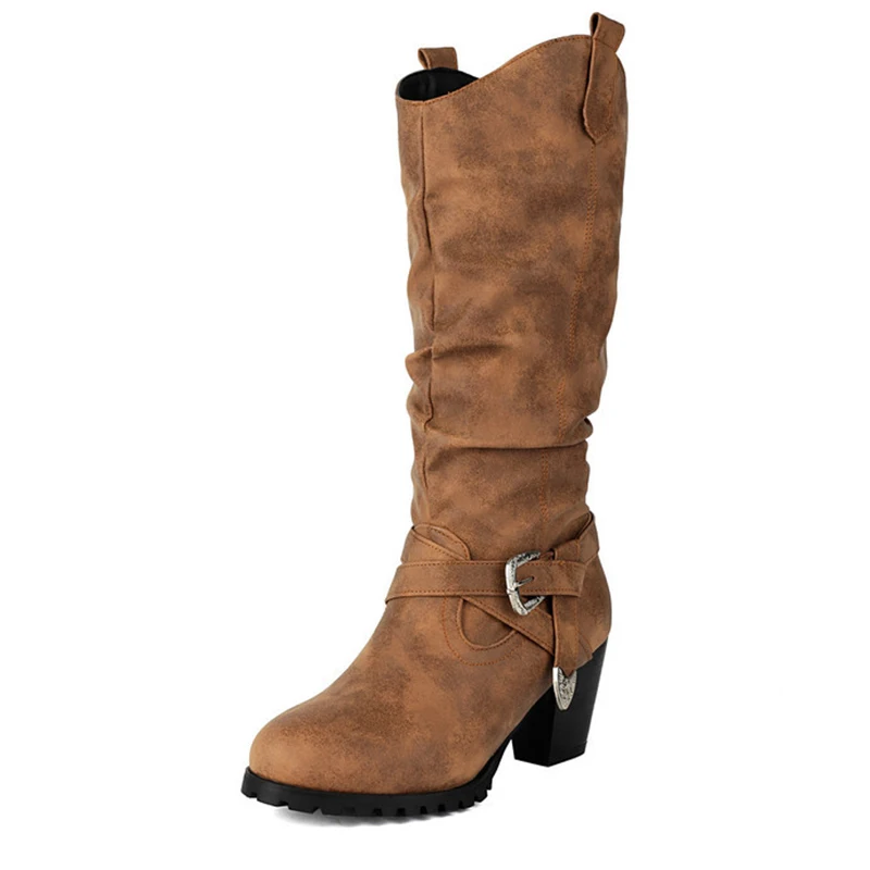 Bottes hautes à talons hauts de 6.5cm pour femme, chaussures à la mode, boucle en cuir, talon grossier, bottes de chevalier, couleur unie, longues, automne et hiver