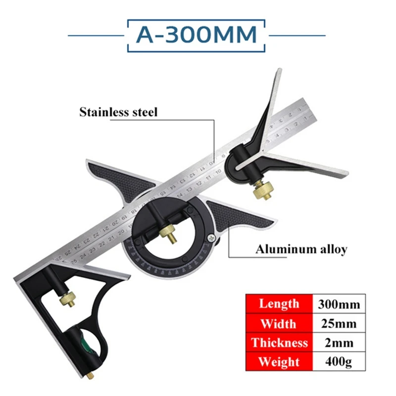 1 Piece 300Mm Stainless Steel Movable Combination Square Movable Square Carpenter 90 Degrees 45 Degrees Turn Square Square