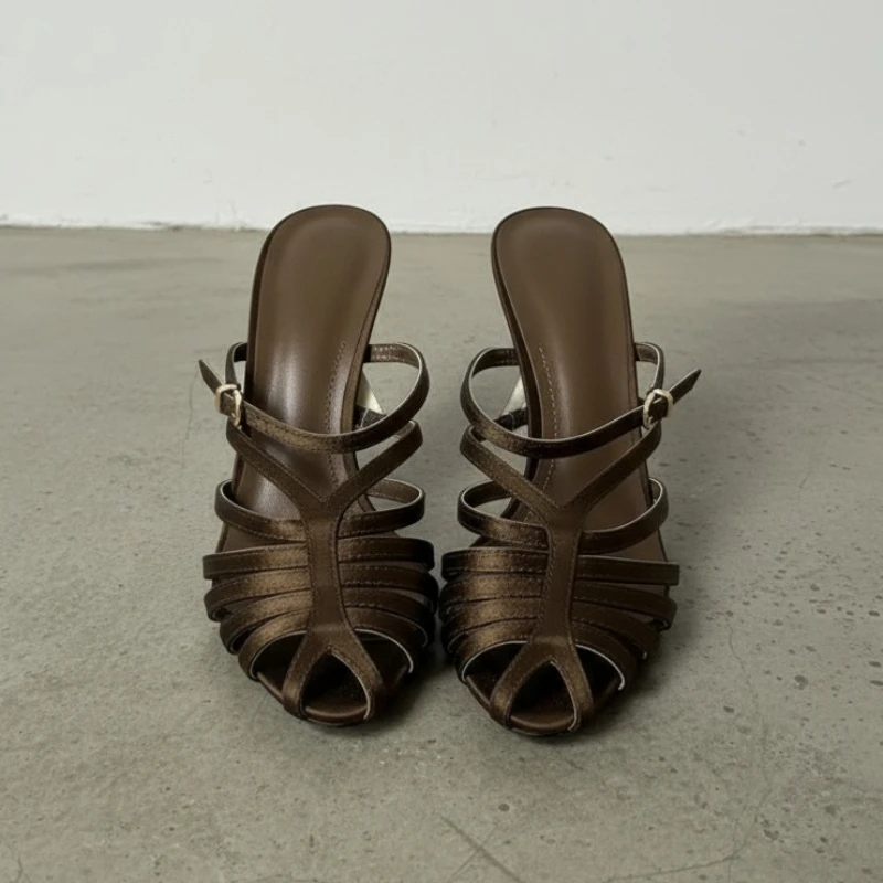 النساء المفتوحة تو صنادل عالية الكعب البني النسيج حزام تصميم أنيق الانزلاق على الكعب الخنجر قابل للتعديل مشبك أحذية الحفلات غير رسمية #3