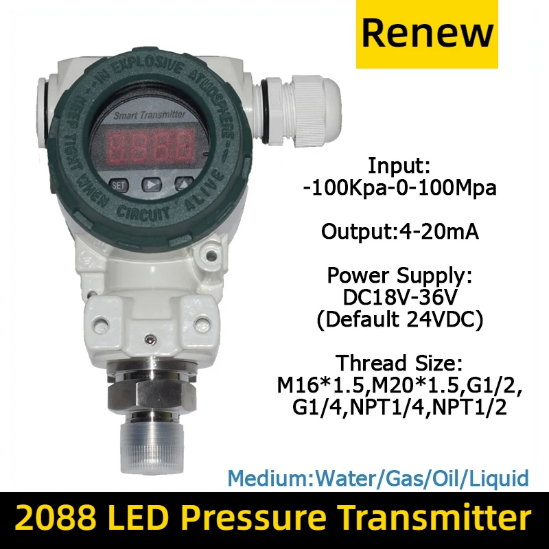 

2088 LED Display Pressure Transmitter 4-20mA Output Measuring -0.1-100Mpa Water Air Oil Liquid Positive Negative Pressure Sensor