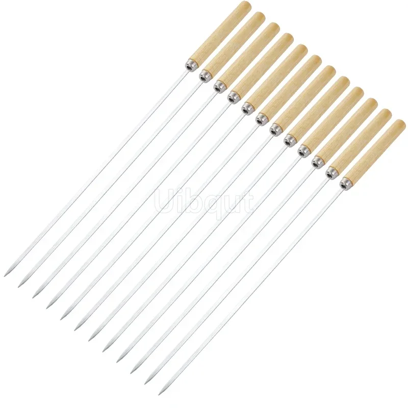 Flat Barbecue Stick BBQ Roasting Needle with Wooden Handle Kebabe Skewers Stainless Steel Roasting Tools rotisserie long skewers