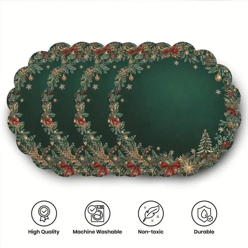 Deep Green Base Pine Wreath Christmas Lace Placemat, Wear-Resistant Plate Mat, Home Dining Table Decoration Placemat
