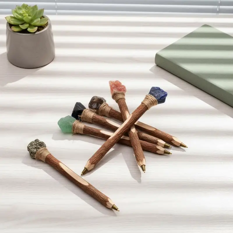 Vintage Natural Rough Crystal Ballpoint Pen Log Craft Decorative Handmade Stone Scepter Pen Wooden Signature Pen Students