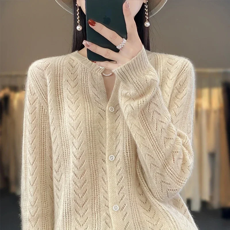 

Women's 100% Pure Wool Cashmere Cardigan, O-Neck, Wishbone Garment, Top Casual Knit Loose Fitting Korean Version Female Jacket