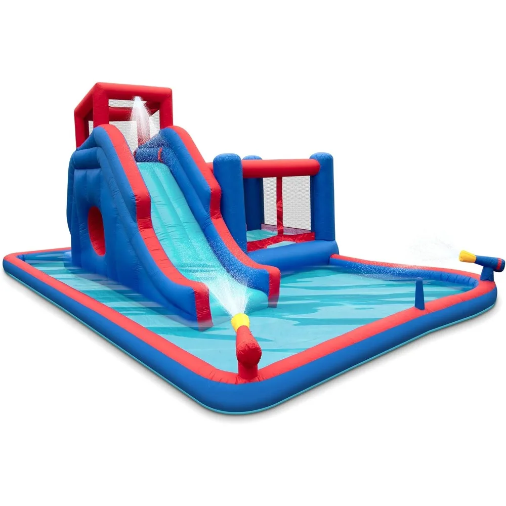 2-in-1 Bounce & Blast Inflatable Water Slide Park Climbing Wall, Slide, Bouncer & Splash Pool Included Air Pump & Carrying Case