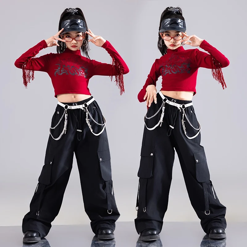 Kpop Dance Stage Outfit Girls Red Tassel Tops Black Skirt Shorts Pants Children Jazz Dance Costume Fashion Hip Hop Clothing 1349