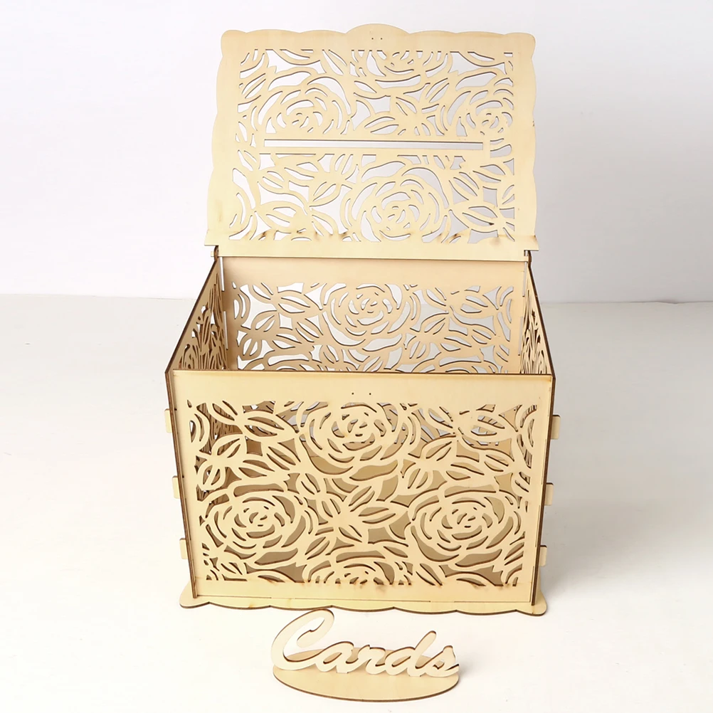 

Wooden Wedding Storage Box DIY Wedding Supplies Rose Box for Wedding Party (1 Key + 12 Rubber Rings, Large Size)