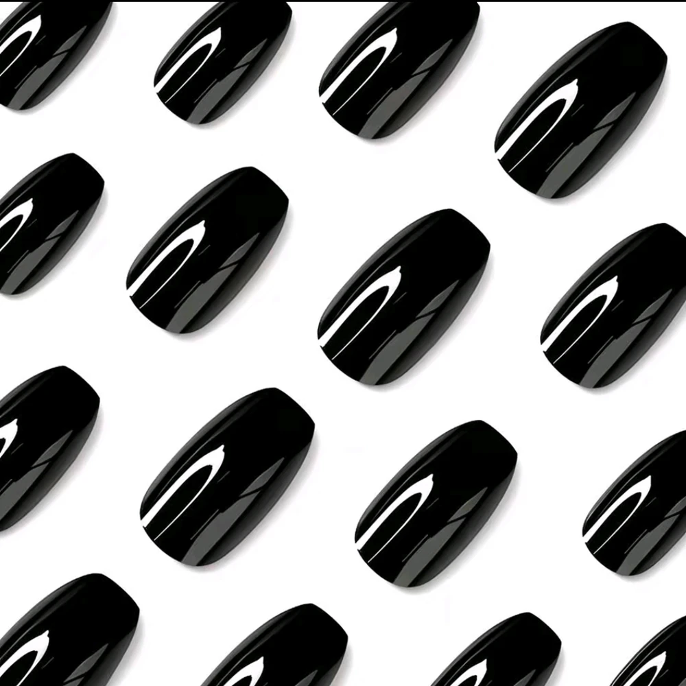 48개 반짝이는 검정색 짧은 발레리나 관 모양 인조 손톱 젤리 접착제 포함 DIY 손톱 연장 도구