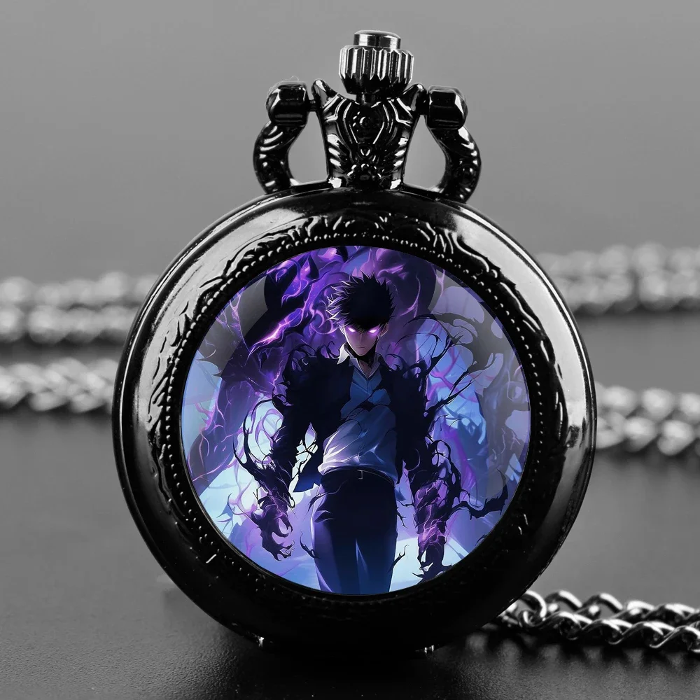 Anime Solo Leveling Glass Dome Pocket Watch with Chain Necklace Vintage Quartz Pendant Watches Mens Women Gift