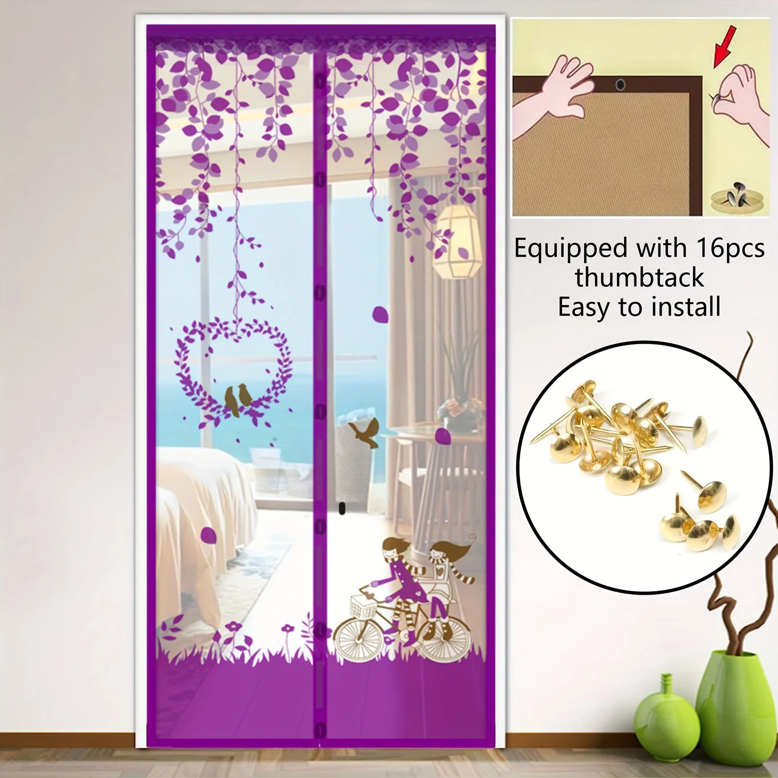 1pcs bike pattern Magnetic Screen Door Curtain Anti-Mosquito Easy Install Blackout Hands-Free Living Room Magnetic Door Curtain