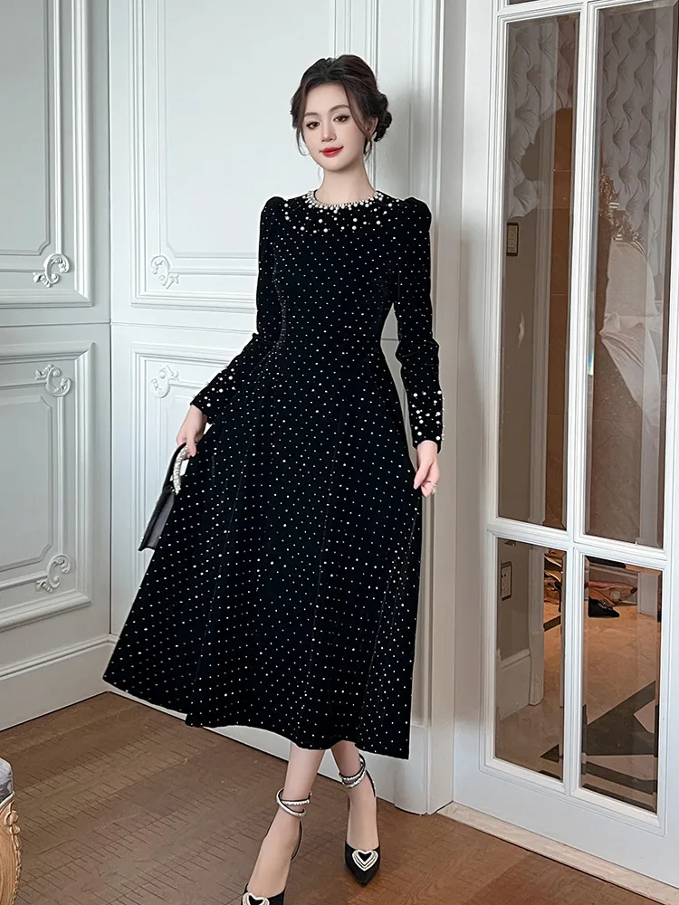 Spring New Style Women's Small Fragrant Style Heavy Beaded Round Neck Waist Draped Hot Diamond Velvet Dress