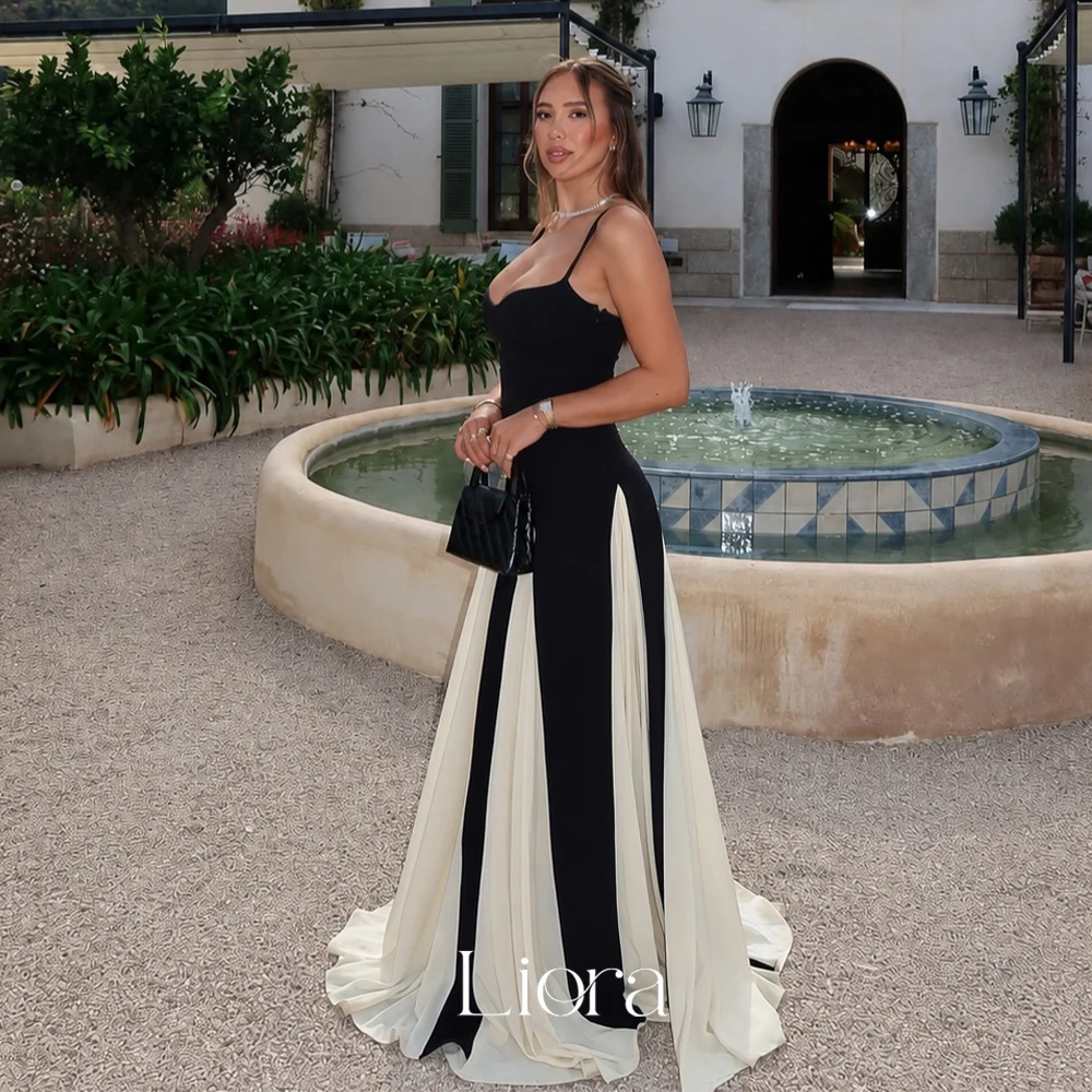 Liora Customized Spaghetti Strap Evening Gown Sweetheart Neck Black White Patchwork Floor Length Flowy Wedding Guest Dress