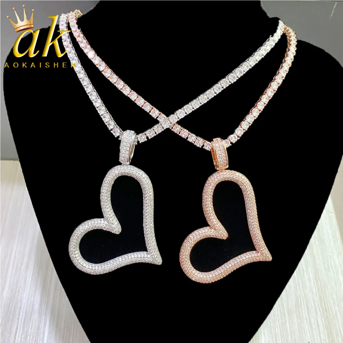 AK Iced Out Open Heart Necklace for Women Prong Setting Cubic Zirconia Real Gold Plated Hip Hop Jewelry